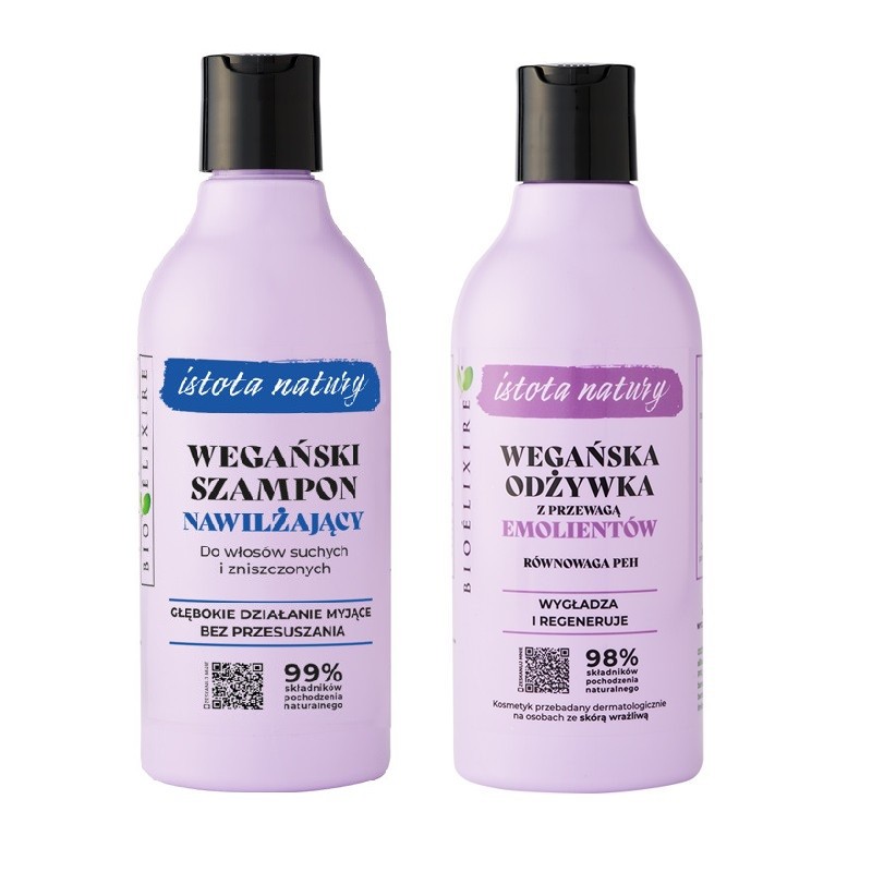 Zestaw Bioelixire Istota Natury Wegański szampon nawilżający + Wegańska odżywka z przewagą emolientów