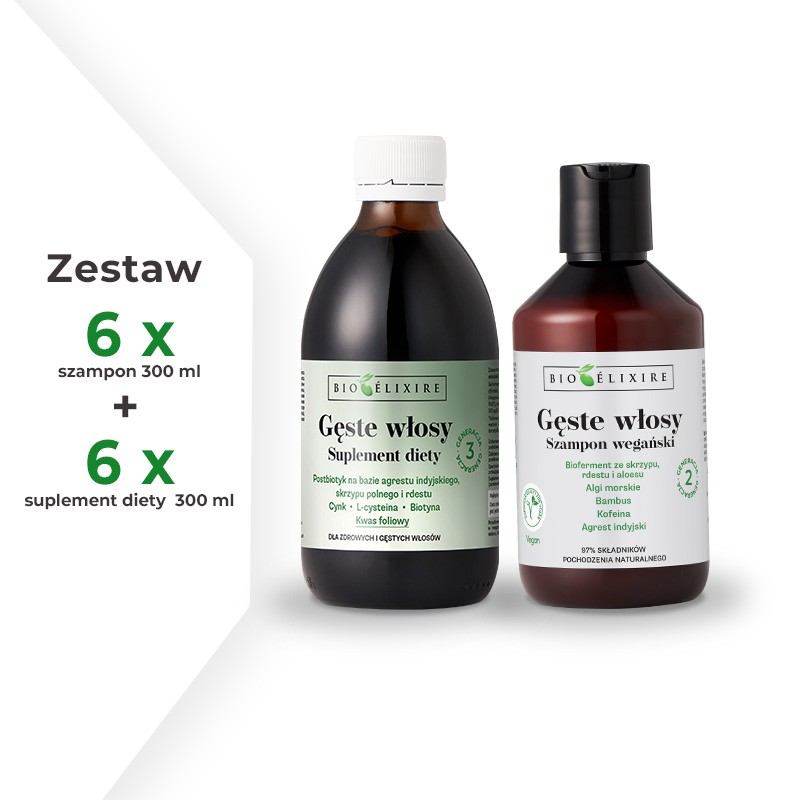 Zestaw Bioelixire Gęste Włosy Suplement Diety 300 ml + Szampon wegański 300 ml PROMO
