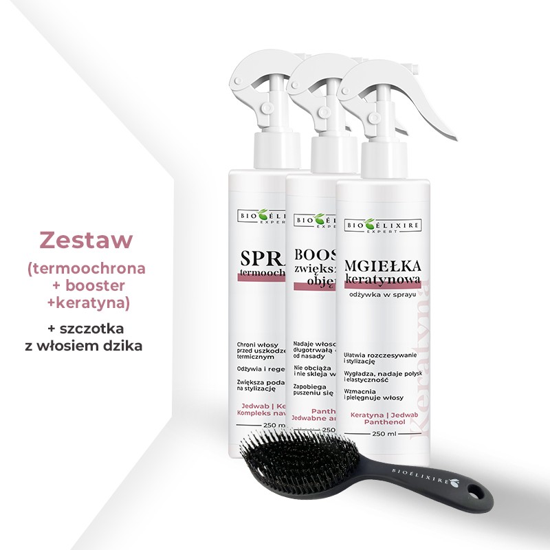 Zestaw Bioelixire Expert Booster, Mgiełka, Spray + Szczotka z włosiem z dzika